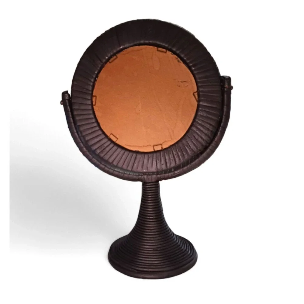 Vintage MCM Brown Wicker Rattan & Wood Round Vanity Mirror Table Top Rustic Boho